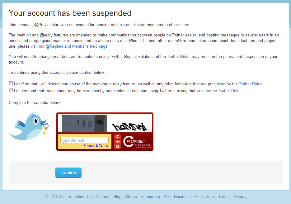 Twitter's message about suspension, with a little pledge that I can make to automatically unsuspend