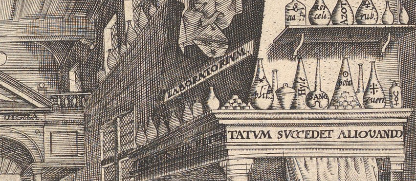 Excerpt of a 16th-century European engraving of an alchemist's laboratory. It depicts many potions on a shelf and the word LABORATORIVM.