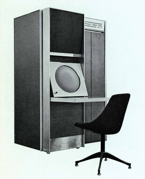 Photo of the DEC-340 display, which has a small closet's worth of rack electronics and a circular monitor the size of manhole cover.