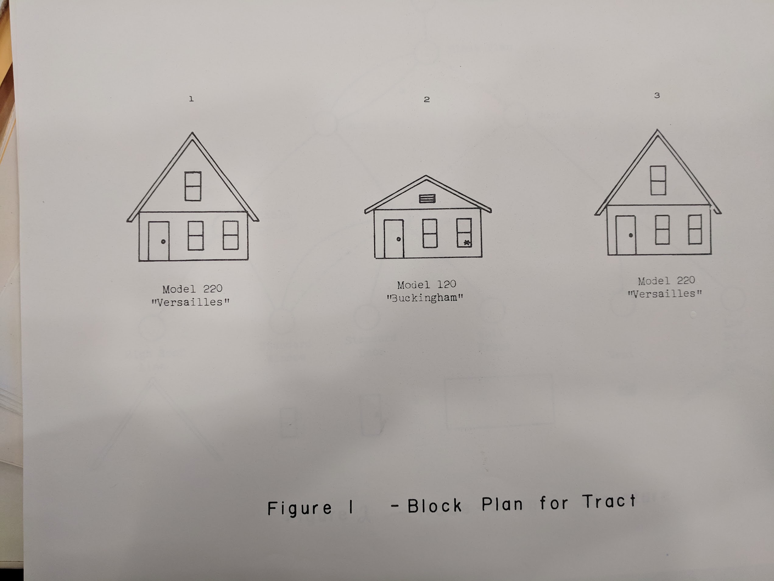 "Block Plan for Tract" featuring a diagram of three houses, two of which are the same overall and all of which share many individual components.