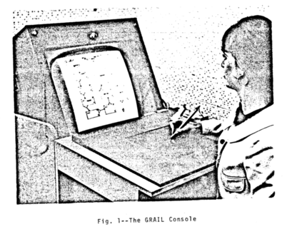 a person holding a pen over a tablet surface looking at a monitor with flow charts on it