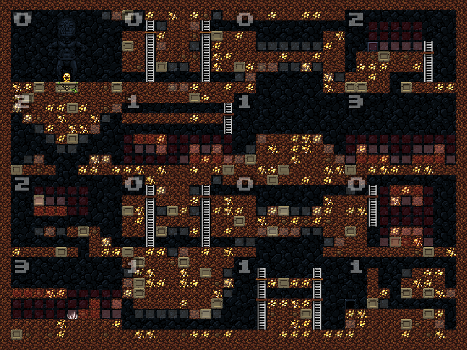 A Spelunky level with annotations on the tiles.